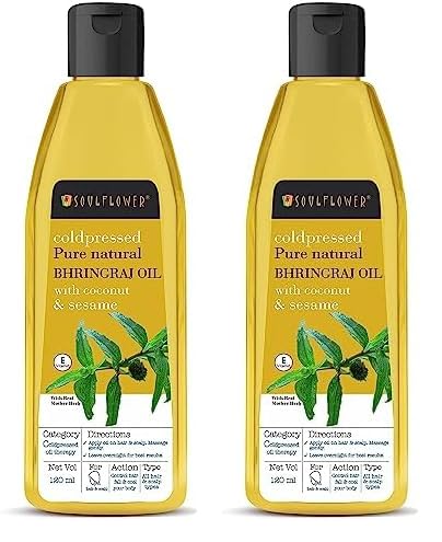 Image of Soulflower Bhringraj Hair Oil 100% Pure & Natural| Hair Growth, Strengthening & Nourishing hair roots, Anti-Dandruff, Cooling Scalp| Coconut, Sesame| 120ml (Pack of 2)