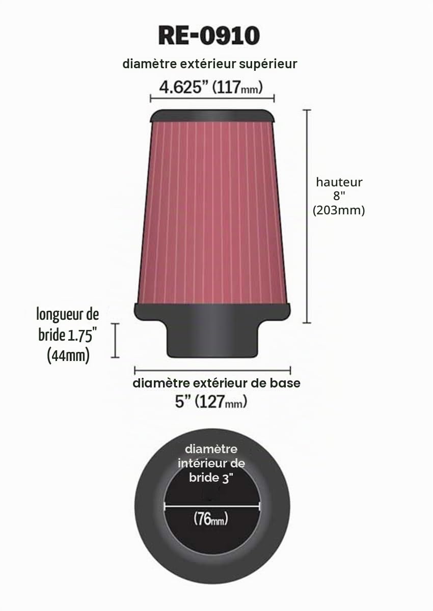 K&N Filtre à Air Universel Conique 76mm raccordement, 127mm de base, 117mm en haut, 203mm hauteur (RE-0910)