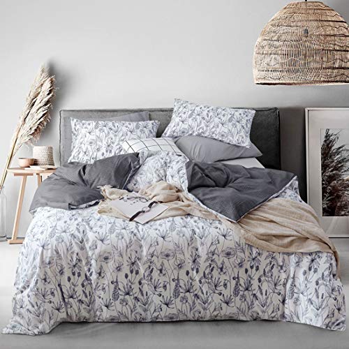 image for ATsense Duvet Cover Queen, 100% Cotton, Blue Floral, Bloom Pattern, 3-