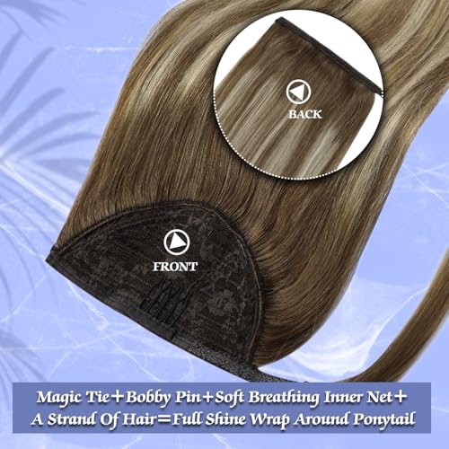 Image of Full Shine Human Hair Ponytail Extensions, Light Brown Balayage, Event Look