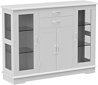 Vista 4 de Giantex Aparador de almacenamiento de bufé con 2 cajones, 3 armarios y puertas de vidrio para cocina, comedor, muebles, armario, mesa consola