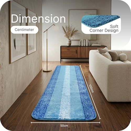 Image of SARAL HOME EASY LIVING Microfiber Striped Rectangle Anti-Skid Runner|Soft & Super Absorbent, Washable Multipurpose Bedside Runner for Home /Kitchen /Lobby /Office Entrance, 50X100 CM (Turquoise)