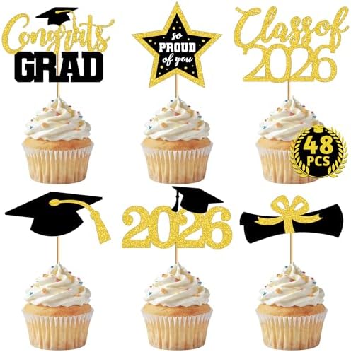 48 PCS Graduation Cupcake Toppers, 6 Styles Congrats Grad Cake To...