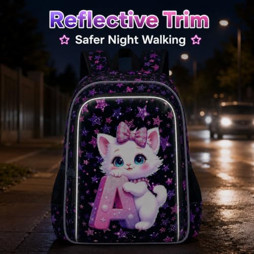 Image of CCJPX 16 inch Cat Backpack for School, 3Pcs Girls Kids Bookbag with Lunch Box, Water Resistant Elementary School Bag for Kindergarten Preschool Toddler (Black)