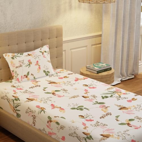 Image of Urban Space 100% Cotton bedsheet for Single Bed, 200 TC Single Bed Sheet, Cotton bedsheet with 1 Pillow Cover (58 x 90 inches, Cherry Blossom-Peach)