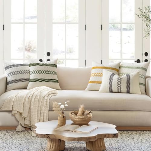 Image of MIULEE Set of 2 Moss Green Boho Decorative Pillow Covers 20x20 Inch | Farmhouse Couch Throw Pillows Modern Summer Cotton Cushion Covers Macrame Woven Spring Decor for Bed Sofa Chair