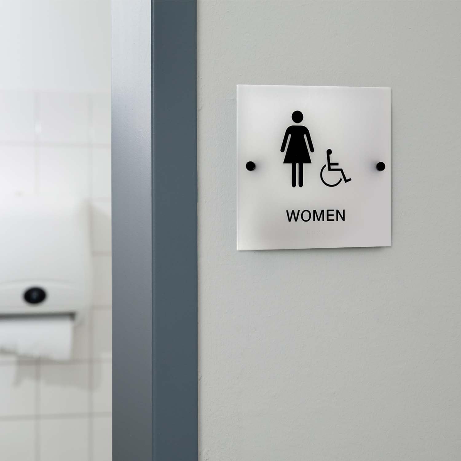 Frosted Designer ADA Men And Women Restroom Signs / 9" x 9" Square Bathroom Sign Set With Braille And Handicap Symbol/Chic Translucent Sign With Stand Off Mounts/Made In The USA