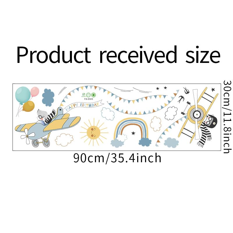 Image of Adorable Flying Airplane Bunny Rabbit Nursery Mural Wallpaper with Sun, Rainbow, Balloons, Happy Birthday Garland and Clouds Background Children's Bedroom, Playroom D�cor