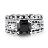 Double Fair Anillos de Compromiso para Mujer, chapados en Oro Blanco de 18 Quilates, con Corte de cojín, con Diamante Negro y Solitario
