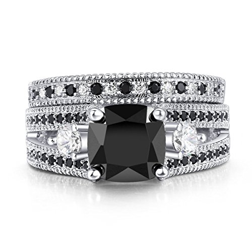 Double Fair Anillos de Compromiso para Mujer, chapados en Oro Blanco de 18 Quilates, con Corte de cojín, con Diamante Negro y Solitario