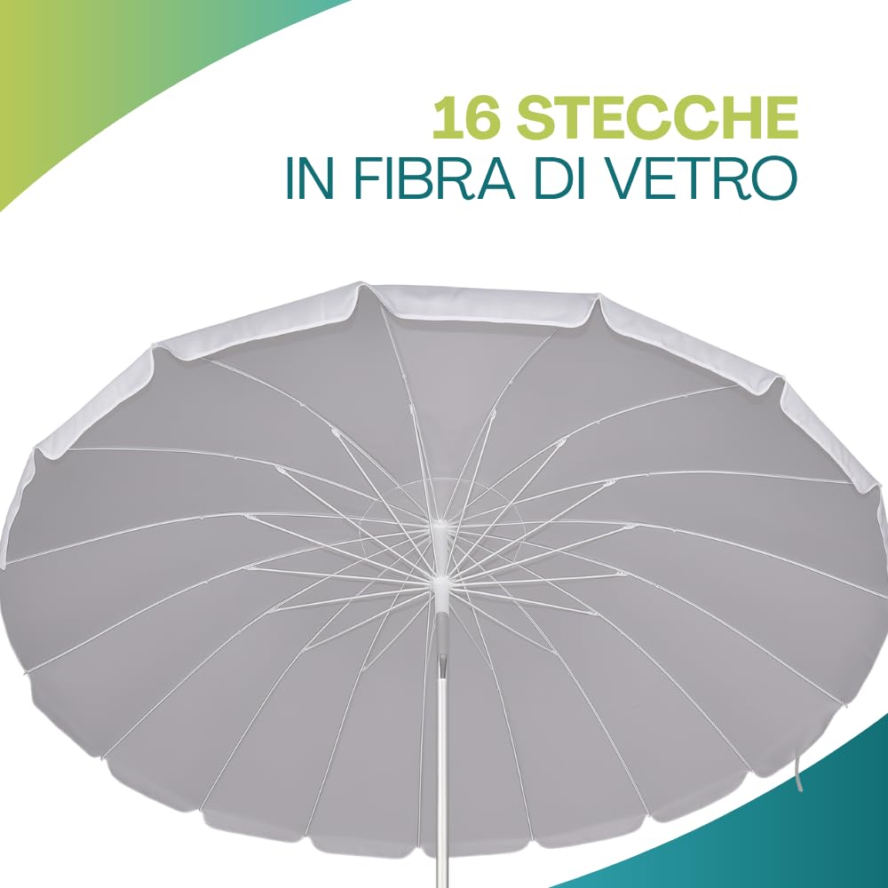 VIRSUS Ombrellone da Spiaggia con Cupola Antivento, Diametro 240 cm, 16 Stecche in Fibra Vetro, Tessuto Poliestere 440gr, Asta Alluminio da 32 mm e Snodo, Ombrello Mare con Sacca Tracolla
