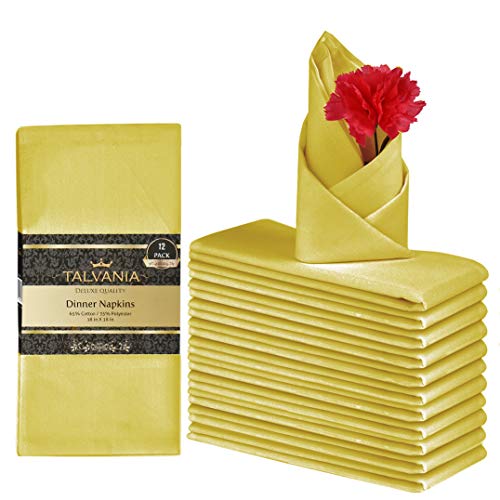Talvania Cloth Napkins - Set of 12 Dinner Napkins - Soft Poly Cotton Washable Napkins - Reusable Fabric Table Napkins - 18â€ X 18â€ - Perfect for Events, Weddings, Parties, Hotels & More (Gold)
