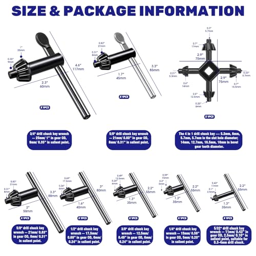 Waltool 8Pcs Universal 4 in 1 Drill Chuck Key Wrench and 3/4\" 5/8\" 1/2\" 3/8\" 1/4\" 5/32\" T-Handle Keyless Chuck Drill Press for Electric Drill Clamping Tool - Thumbnail 2