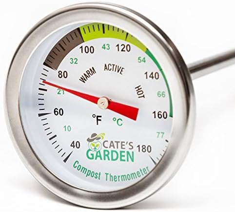 Compost Thermometer - Cate's Garden Premium Stainless Steel Bimetal Thermometer for Backyard Composting - 2 Inch Diameter Fahrenheit / Celsius Dial, 20 Inch Temperature Probe
