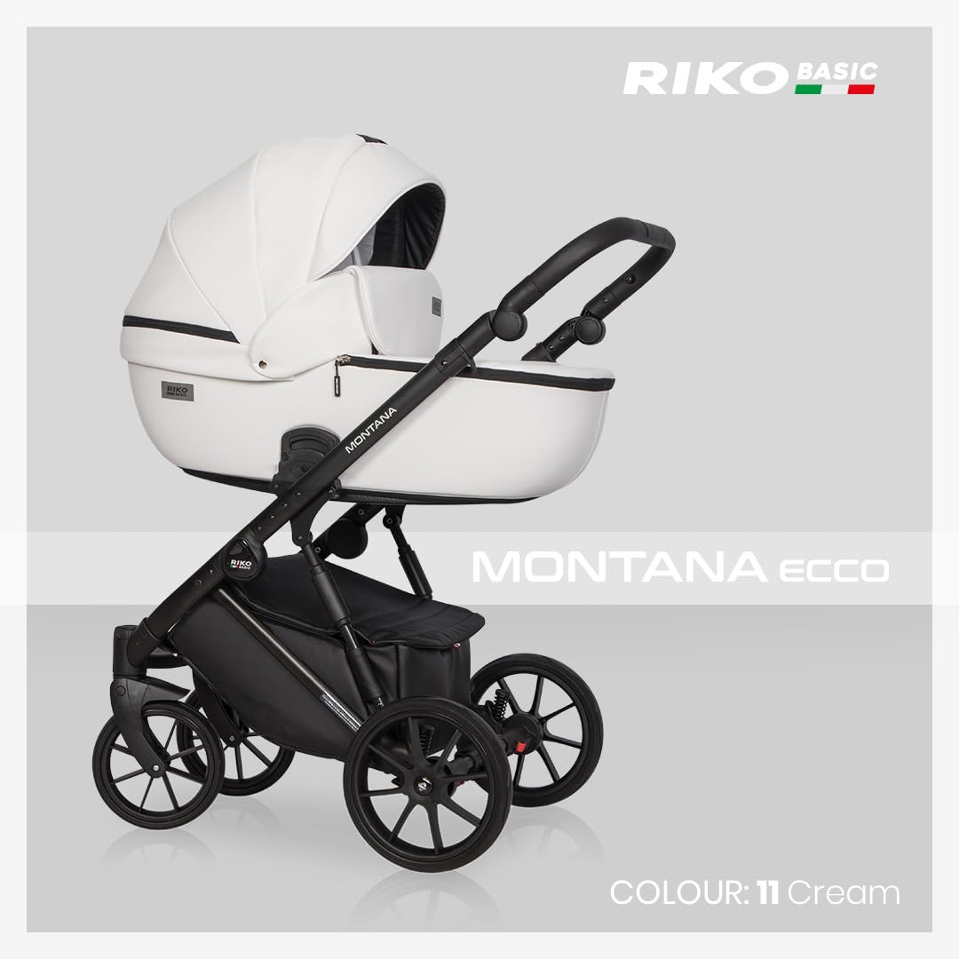 Passeggino in ecopelle Riko Basic Montana Ecco 2 in1 BBtwin. Carrello in ecopelle due pezzi e accessori. Bianco