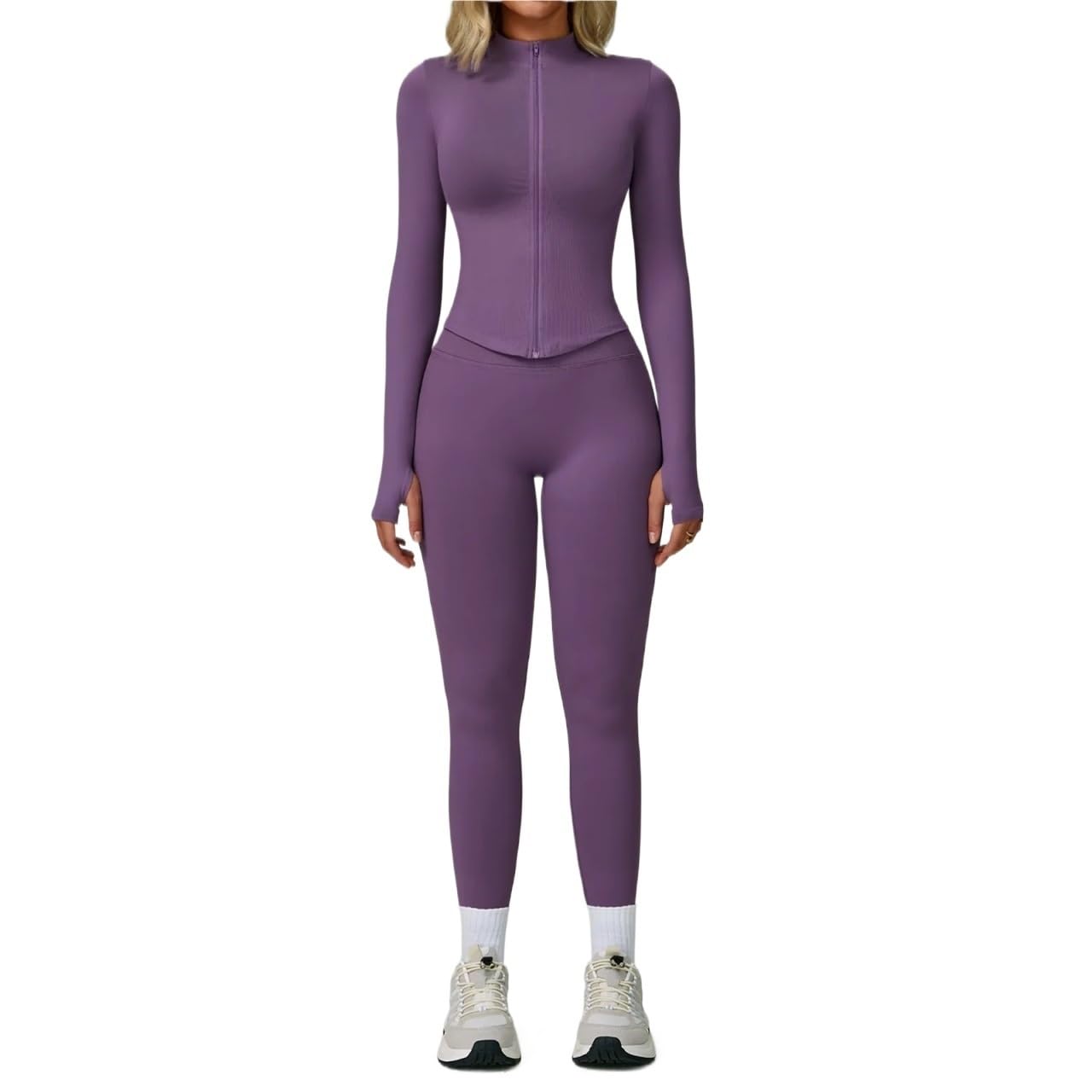 Donna Set di Abbigliamento Yoga Set da yoga senza cuciture for abbigliamento sportivo 2/3 pezzi, palestra a maniche lunghe donna, completo di sport fitness(Mist Purple Set-2,M)