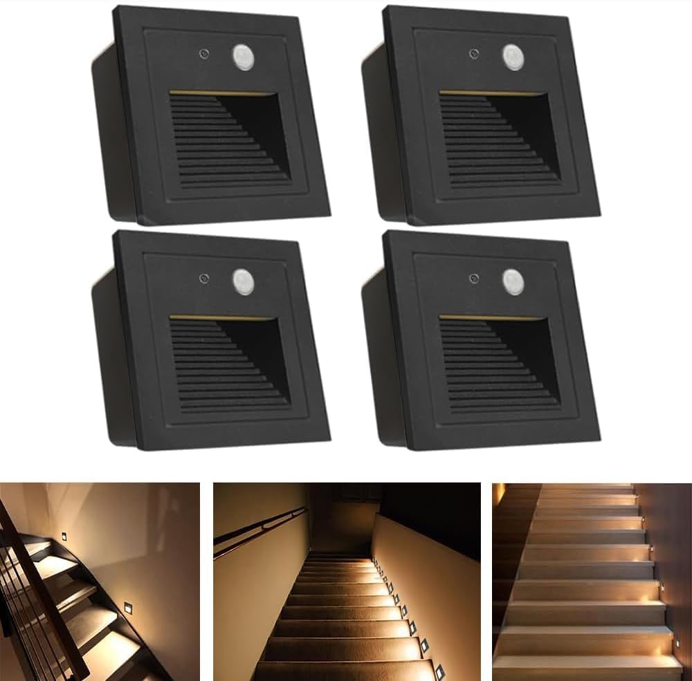 Indoor Step Light Wall Lamp Ladder LED Light with Motion Sensor 3W 3000K,4Pcs Indoor Wall Lamps of Houses for Hallway,Bedroom,Room,Path,Stair (Black)