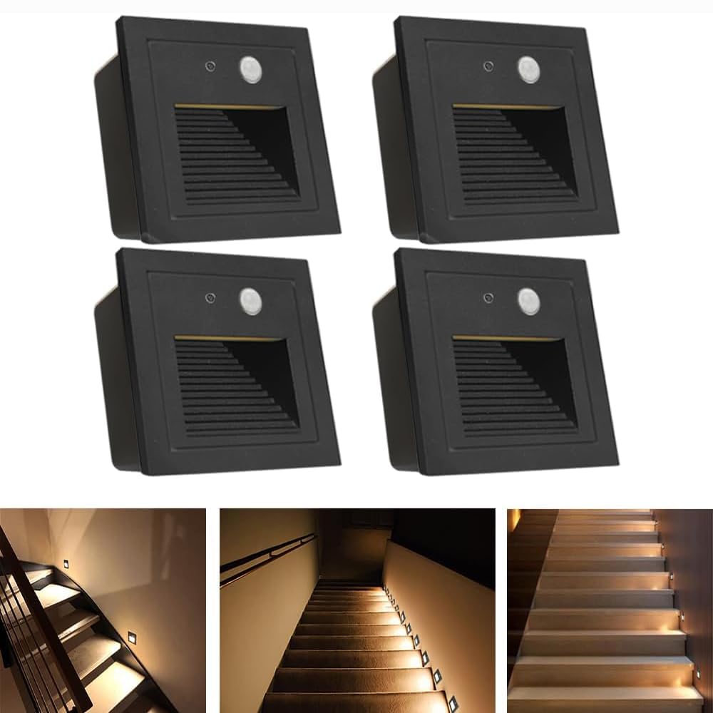 KEPHTH Indoor Step Light Wall Lamp Ladder LED Light with Motion Sensor 3W 3000K,4Pcs Indoor Wall Lamps of Houses for Hallway,Bedroom,Room,Path,Stair (Black)