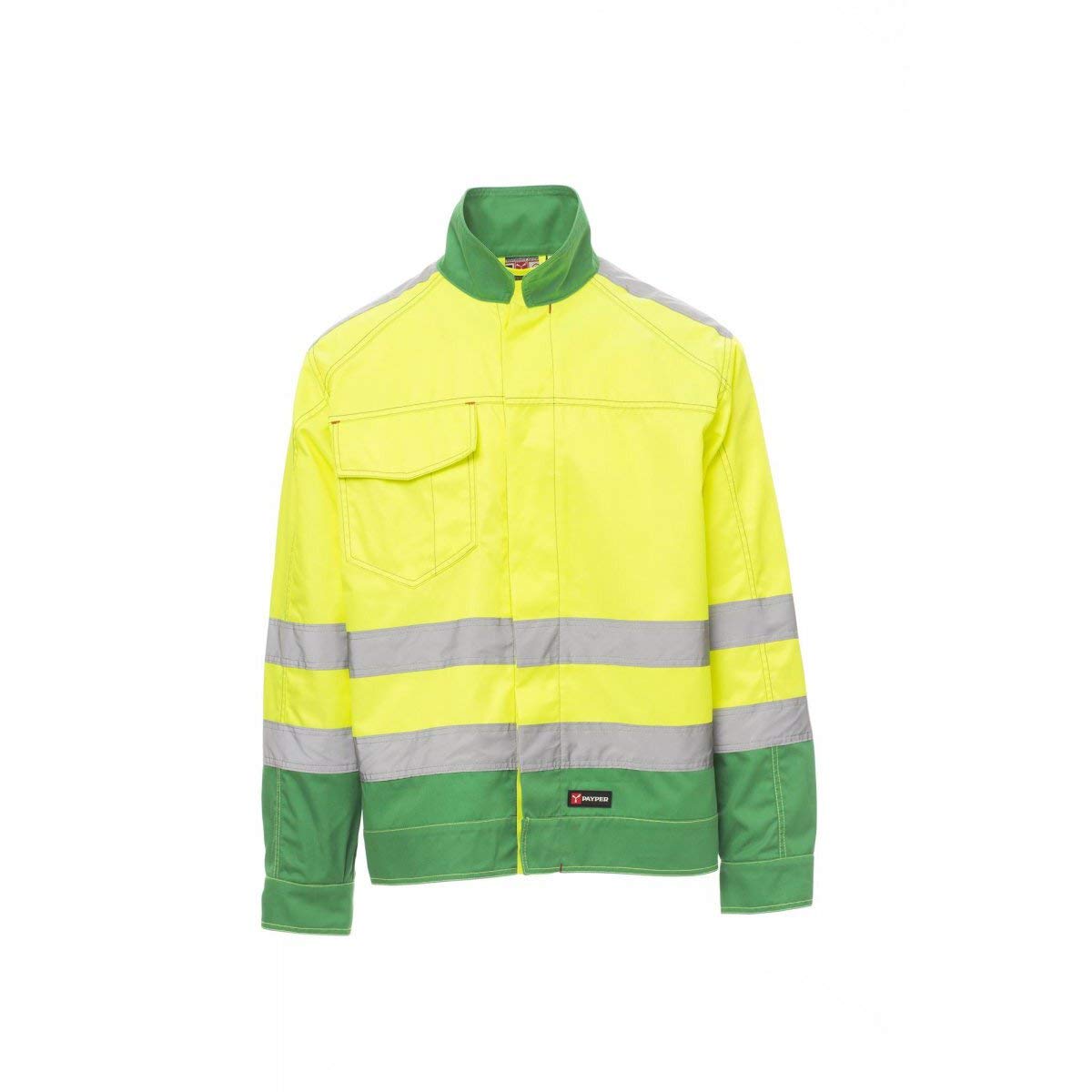 payper safe hi-vi multi-season jacket per uomo e donna con chiusura a bottoni, tasca smartphone e finitura gialla-verde fluorescente