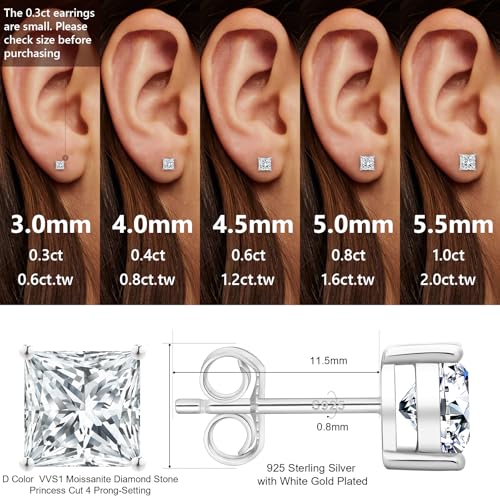 KRKC 0.6-3ct Princess Cut Moissanite Stud Earrings for Women, D Color VVS1 Clarity Lab Created Diamond Solitaire 14K White Gold Hypoallergenic Vermeil S925 Sterling Silver Earrings Women Men4