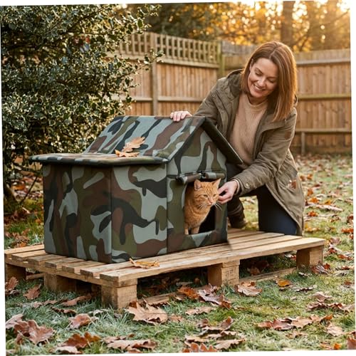 Niche pour chat d'extérieur camouflage avec tapis isolé pliable