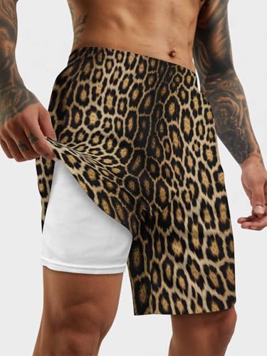 Mens Swim Trunks with Compression Liner,Retro Leopard Dot Men's Inseam Board Shorts Quick Dry Bathing Suit for Men/Boys2