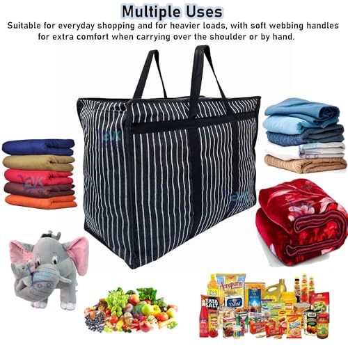 Image of Unisex-Adult Extra Large Big Heavy Duty Storage Organizer Reusable Canvas Shopper Bag With Handles With Covers Zip Jumbo Bag (Pack Of 1), Shopper Tote, Black