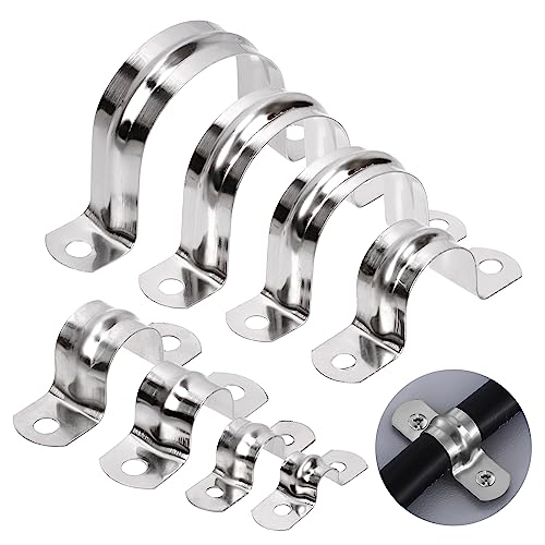 Glarks 50 abrazaderas de correa de tubo M8, correa de acero inoxidable 304 de 2 agujeros, correa de tubo rígida resistente, soporte en U, abrazadera de cable, clip de tubo de tensión para fijación de