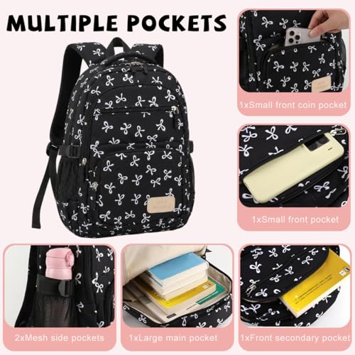 Image of PALAY 3PCS Sweet Stylish Girls Backpack Set with Bow Print, Cute Nylon School Backpack Shoulder Bag Zipper Pouch, Lightweight Casual Bookbag for School, Travel