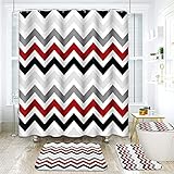 ArtSocket Geometric Red Bathroom Set with Shower Curtain and Rugs Accessories, Red Grey Black Zigzag Modern Shower Curtain for Bathroom Decor 4 Pcs