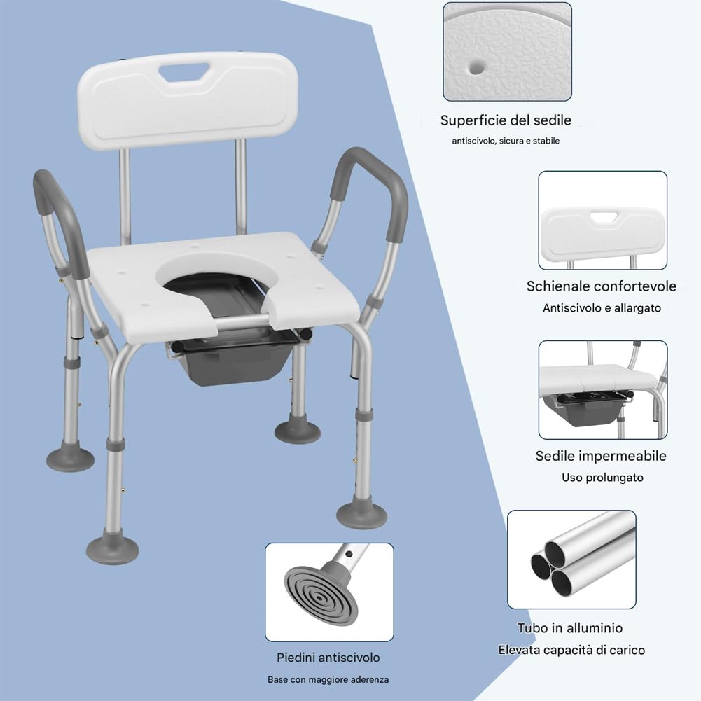 BAKAJI Sedia Sgabello WC da Bagno Doccia in Alluminio per Anziani, Disabili e Persone Mobilità Ridotta, Seduta Ergonomica e Maniglie di Ausilio, Secchio Coperchio Rimovibile Altezza Regolabile 73–85cm