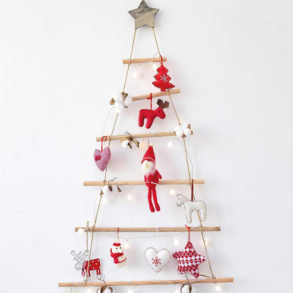 Decoración de pared colgante de árbol de Navidad, escalera de cuerda de madera colgante de 80 cm, decoración de pared de árbol de Navidad, ramas, escalera de madera iluminada, decoración de Navidad