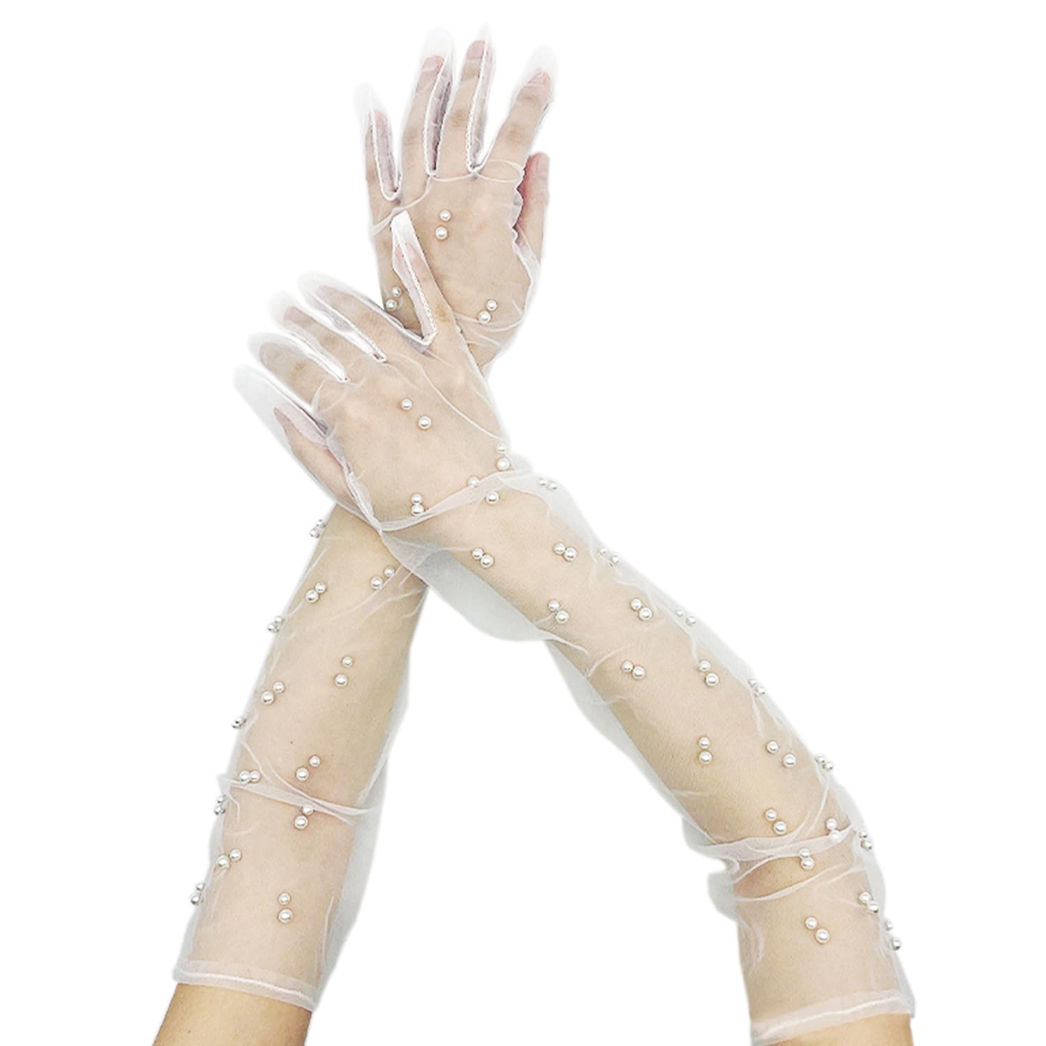 Maxquu Women's White Pearl Gloves - Tulle Lace Bridal Gloves For & Brides