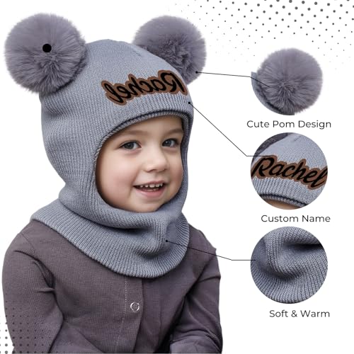Custom Baby Toddler Winter Hat Scarf Set, Personalized Name Pom Beanie Snow Hat with Fleece Lining3