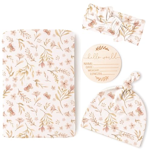 Image of Konssy Baby Girl Newborn Receiving Blanket with Matching Headband and Beanie Set Baby Swaddle Nursery Swaddle Wrap
