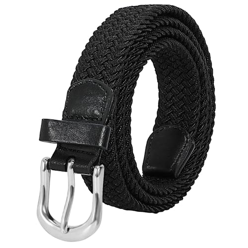 LEACOOLKEY Cinturones elásticos trenzados para mujeres y hombres de lona elástica para golf con hebilla dorada, Negro (hebilla plateada), 90cm(Misura vita 66cm-76cm)