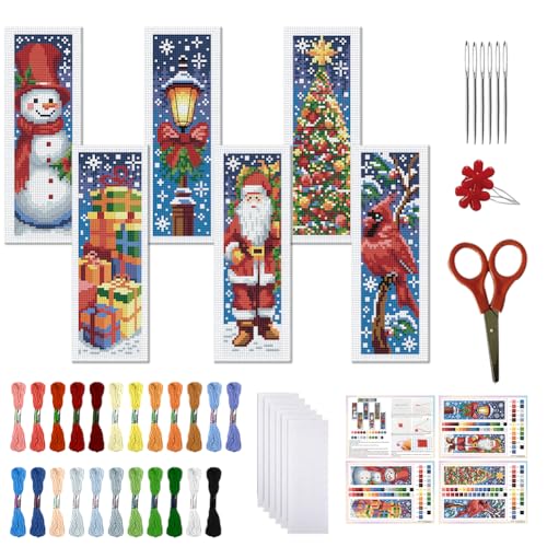 Image of FREEBLOSS 6 Set Christmas Cross Stitch Bookmark Kit for Adult Beginners Snowman Santa Claus Stamped Cross Stitch Kits Bookmarks Embroidery Kit with Instructions for Gift 11CT 8 inchx2.4 inch