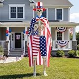 Cozypower 4 Pcs 4th of July 12 ft Skeleton Cloth Accessories, USA Flag Pattern Giant Skeleton Costume with Patriotic Hat, Cloak, Shorts and Bow Tie for Garden Lawn Decor 250th Anniversary Celebration
