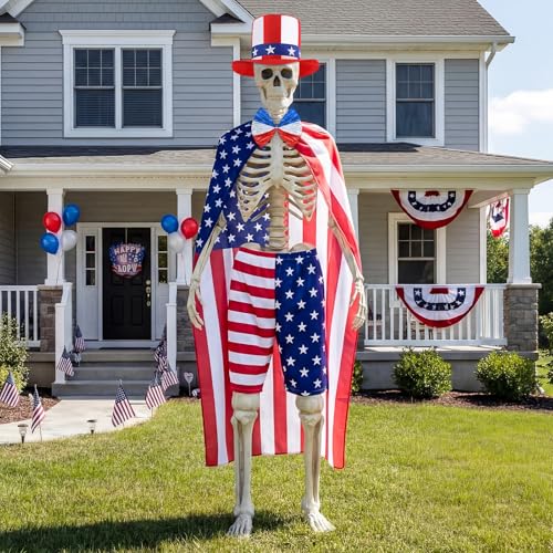 Cozypower 4 Pcs 4th of July 12 ft Skeleton Cloth Accessories USA Flag Pattern Giant Skeleton Costume with Patriotic Hat Cloak Shorts and Bow Tie for Garden Lawn Decor 250th Anniversary Celebration