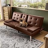 LINSY HOME Futon Couch, Futon Sofa Bed, Modern Faux Leather Black Futon Bed, Futon Convertible Recliner Folding Sleeper Sofa, Adjustable Backrest, Small Futon for Small Rooms, RV, Guest Room, Tan