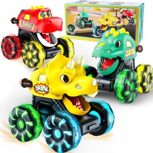 Image of Storio 3 Pack Dinosaur Car Toys, Press & Go Dino Monster Truck Set with Light Up LED Wheels, Friction Powered, for Kids 2-8 Years, Birthday Gift