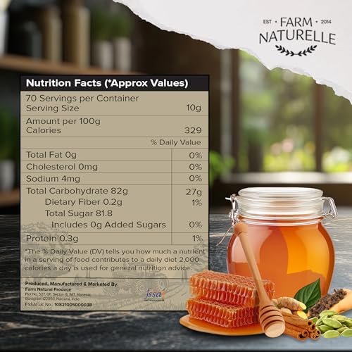 Image of Farm Naturelle Raw Immunity Herbs Honey 1kg| Glass Bottle | 100% Pure Unprocessed & Natural Honey | Ayurvedic & Rich in Vitamins and Minerals | Helps Boost Immunity