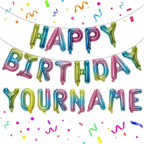 Happy Birthday Banner,Personalized Name Happy Birthday Balloon Banner Letters Balloons 2 Sets A-Z 16 Inch Reusable Foil Mylar Birthday Party Decorations for Women Men Boys Girls (Colorful)