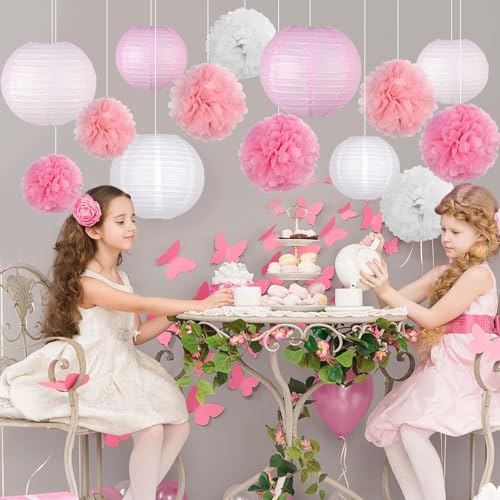 Image of KAXIXI Hanging Party pom pom Set, 15pcs Pink White Paper Flowers Pom Poms Balls and Paper Lanterns for Wedding Birthday Bridal Baby Shower Graduation, LanternPomPom012