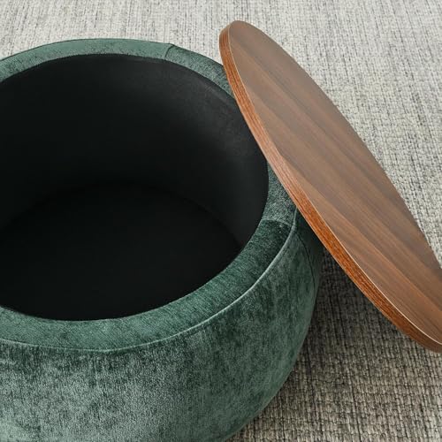 Image of Elegent Debe Round Coffee Table with Wooden Top, Storage Ottoman Tables for Living Room, Centre Tables,Farmhouse Wood Drum Coffee OttomanTable,Multipurpose Storage Ottomans - Green