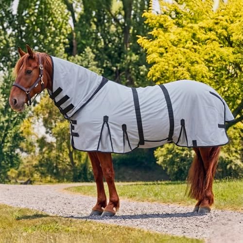 Image of Horse Fly Sheet with Attached Neck Cover & Tail Flap | UV Protection Mesh Horse Blanket, Full Body Bug & Sun Shield, Buckles, Belly Wrap & Gussets for Spring Summer Riding Rug (Silver, 74 inch)