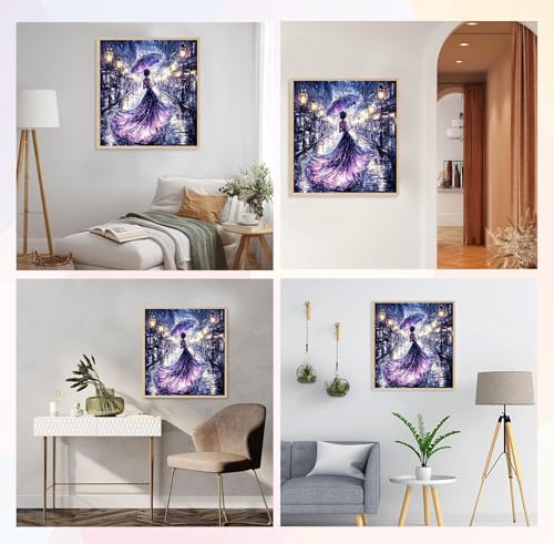 Image of QENSPE Diamond Art Kits for Adults, DIY Ladies Purple Dress Full Drill Diamond Painting Kit for Beginners, Street Scene 5D Round Diamond Dots Paintings, Gem Art Crafts Home Wall Decor Gifts 12x12 inch