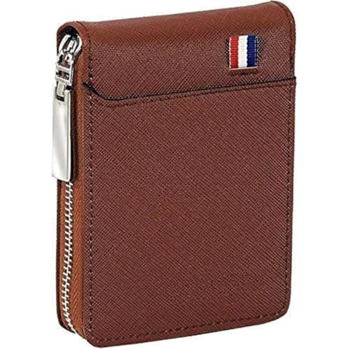 Image of Compact RFID Protected Card Wallet with Expandable Slots Zipper Closure and Currency Pocket (Brown)