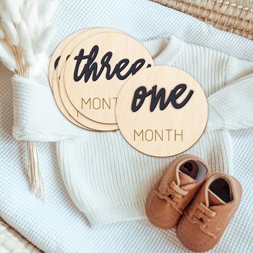Image of Baby Monthly Milestone Markers Disc, Wooden 3D Milestone Cards for Photos, Baby Announcement Sign, 1-12 Months, Wooden Baby Milestone Sign (Black)
