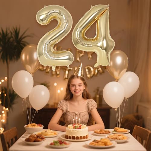 Image of Champagne Gold Large Number 24 Balloon, 40 Inch Light Gold Foil Helium Number Balloons, Giant Mylar Number 24 Balloons for 24 Years Old Birthday Party Anniversary Decorations (Champagne Gold 24)